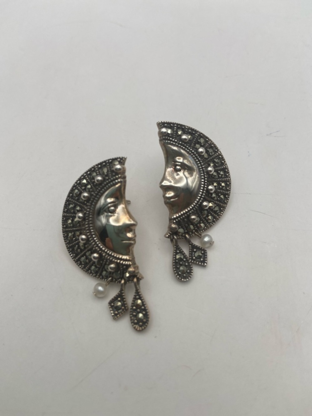 Vintage Suspicion Marcasite Sterling Silver Moon Goddess Earrings Pierced - Picture 6 of 9